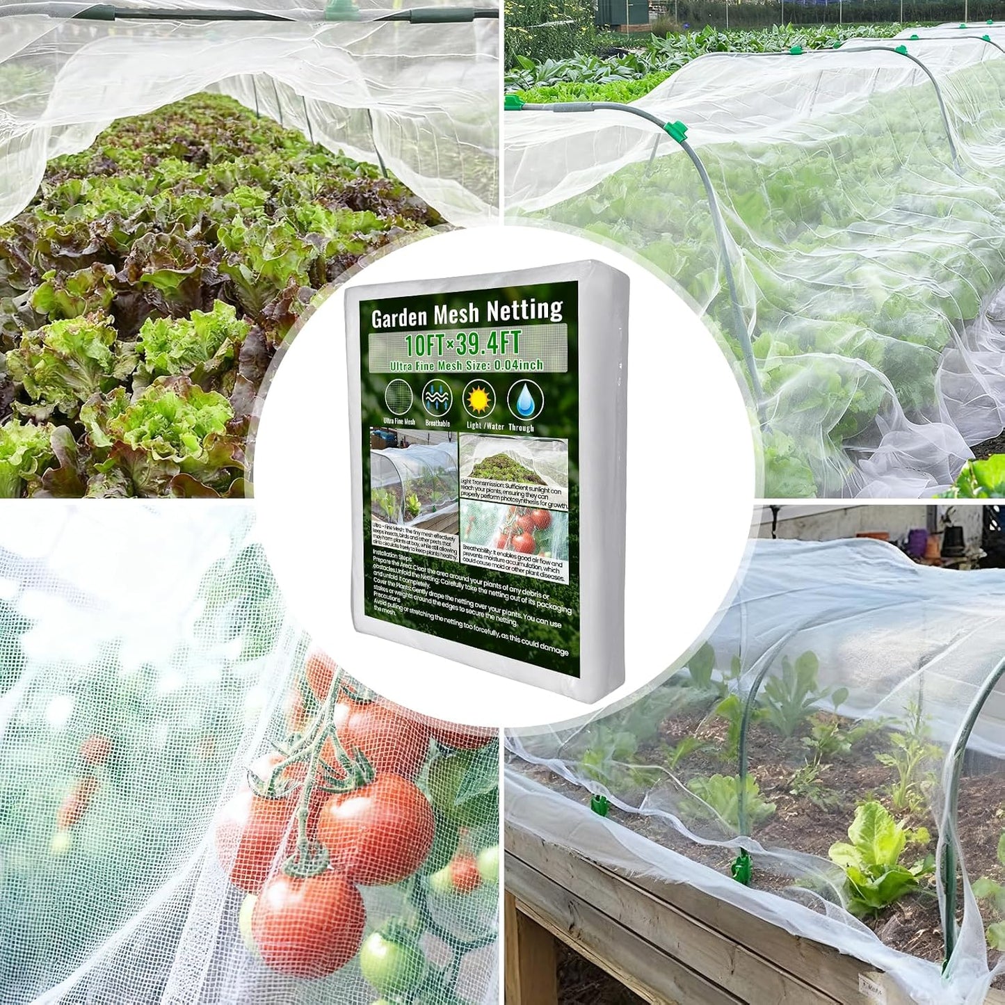 Garden Netting Kit for Raised Beds, Durable Ultra Fine Garden mesh Netting with 6 Set Fiberglass Garden Hoops, Bird Barrier Protection Net Vegetable Plant Cover Fruit Flowers Row Cover(10 * 39.4FT)