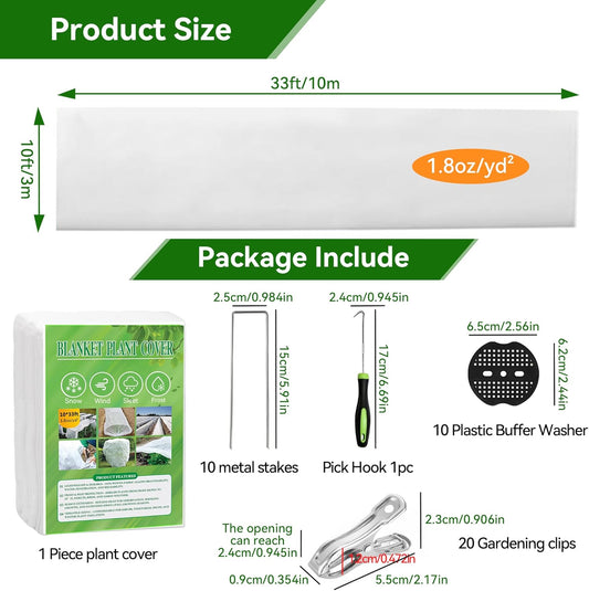 10 FT x 33 FT Plant Covers Freeze Protection kit - 1.8 oz/yd² Thickened Frost Cloths Blankets with Garden Row Cover Accessories for Outdoor Plants, Protect in Winter Cold/Sun Pests (White)