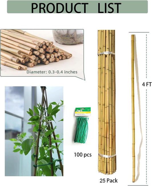 4 Ft Bamboo Stakes with 100 Twist Ties Natural Bamboo Garden Stakes for Tomatoes Cucumber Grapes Pole Beans Trees Potted Dahlia Flowers and Climbing Plants - Pack of 25
