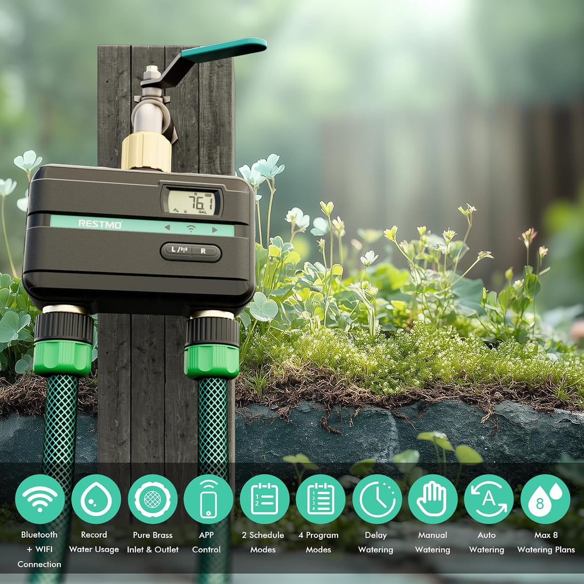 Smart Sprinkler Timer with Flow Meter, 2 Zone Water Timer for Garden Hose, Brass Inlet & Outlet, Automatic Lawn & Yard Irrigation Watering System, APP Remote Control (2.4Ghz WiFi Connection)