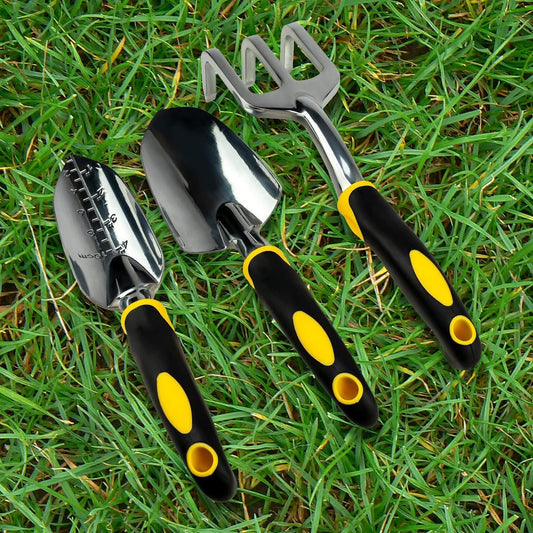 3PC Garden Tool Set with Soft Rubberized Non-Slip Handles - Hand Trowel, Transplant Trowel, Hand Rake in Polished Aluminum - Ideal for All Gardening Needs and The for Gardeners