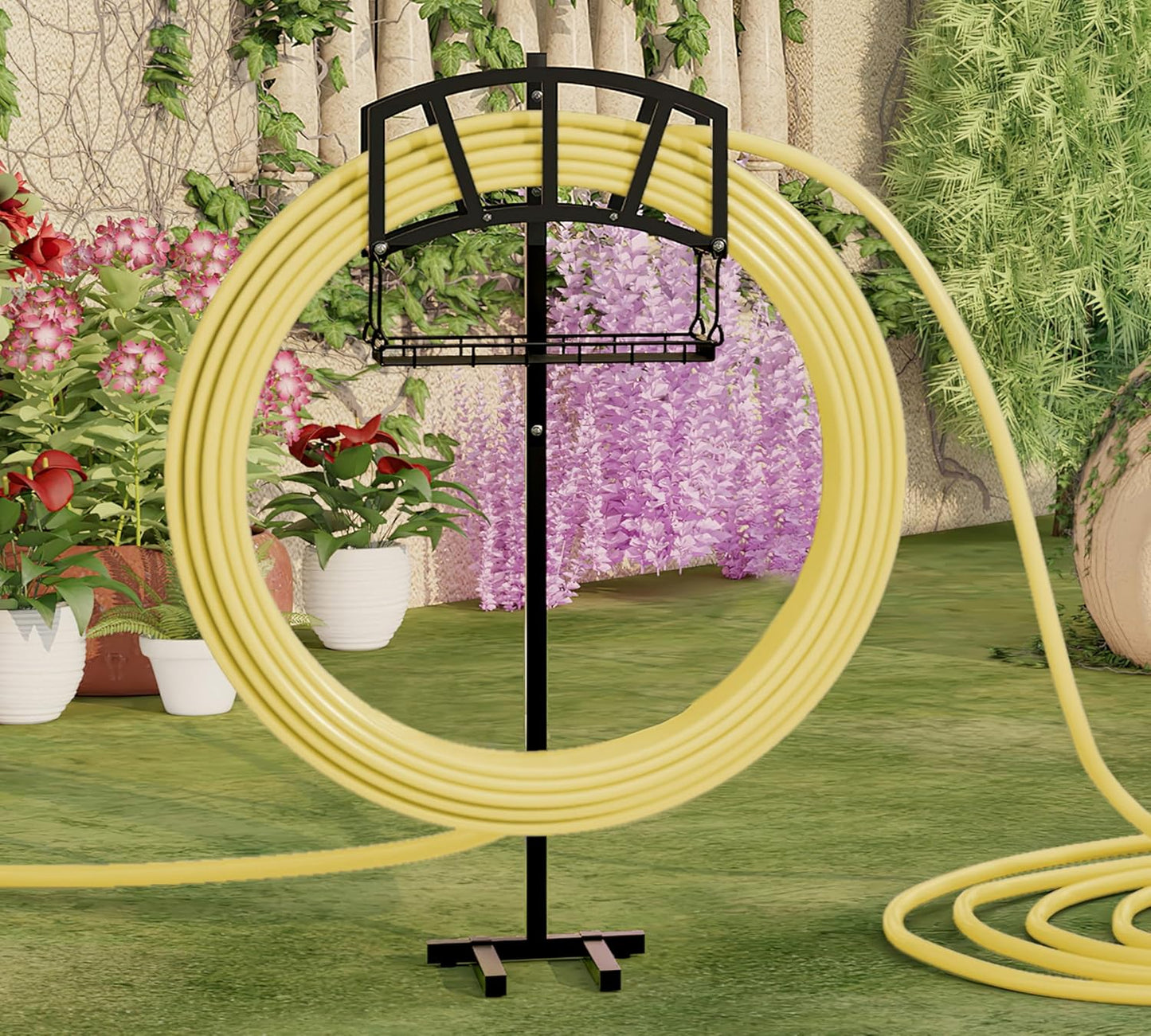 Heavy-Duty Portable Garden Hose Holder with Storage Basket,120+ lbs Capacity, Holds 180ft 1/2" Hose,Dual Support Rods & Rustproof Screws,Modern Geometric Design