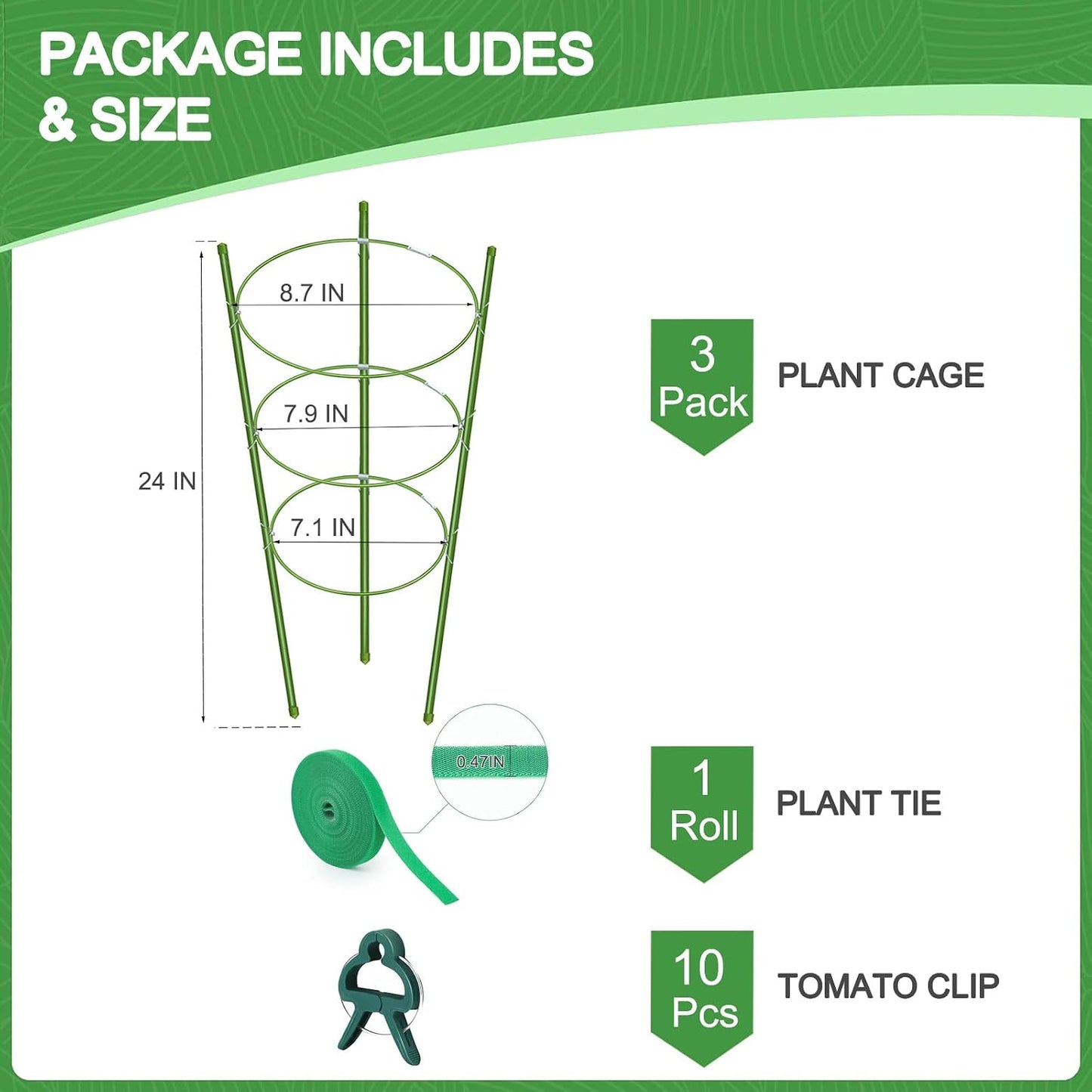 3 Pack Tomato Cage for Pots Plant Support, Upgrade 36 Inches Tomato Cages for Garden, Pepper Cage Trellis Kit with Plant Tie and Clips (36")