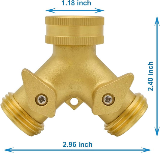 Heavy Duty Brass 2 Way Y Splitter Garden Hose with Comfortable Grip Shut Off Valves, Adapter for Water Tap, Outlet, & Spigot, Includes Extra Rubber Washers