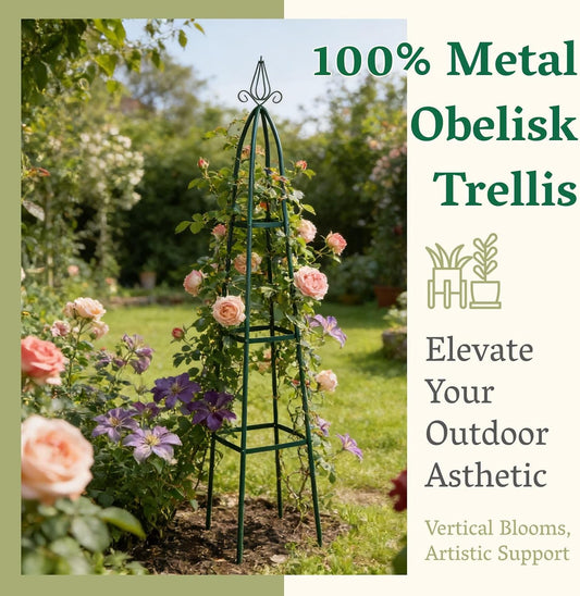 100% Metal Garden Obelisk Trellis for Climbing Plants Outdoor | Powder-Coated Steel Tall Garden Teepee Trellis | Sturdy Vertical Plant Support for Potted Plants Peas, Beans, Squash Outdoor & Indoor