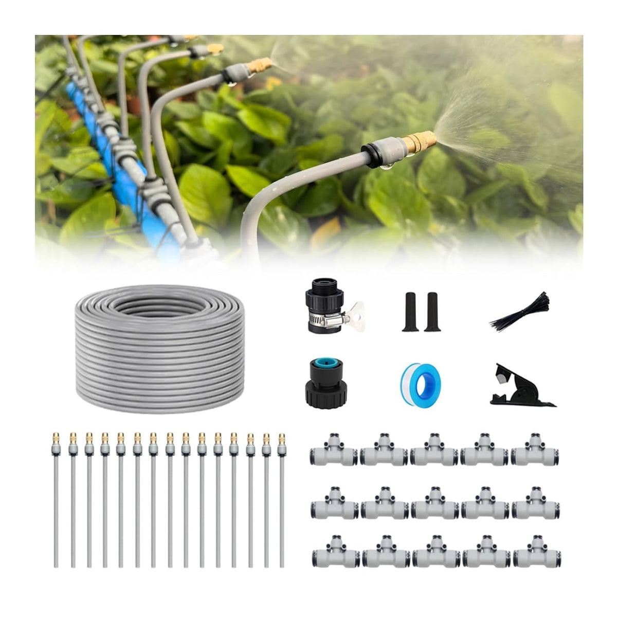 49FT Drip Irrigation Kits,Quick Connector Automatic Irrigation System,with Replaceable Bending Dropper,atomizing Copper Nozzle for Watering System for Garden Plant Lawn Patio. (15M+12Nozzles)