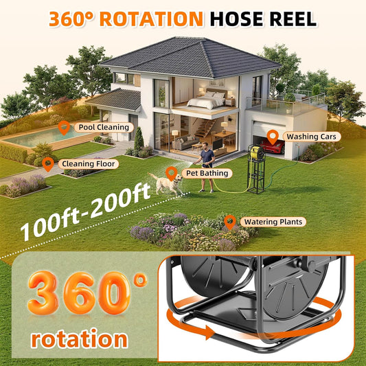 Garden Water Hose Reel,100-200FT Capacity for Yard, Farm & Ranch