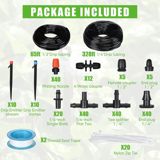 394 ft Drip Irrigation System Kit, 1/2 Inch Hose 1/4 Inch Distribution Tubing Drip Emitters Adjustable Misting Nozzle Barbed Fittings Patio Misting Plant Watering System for Garden Yard Lawn