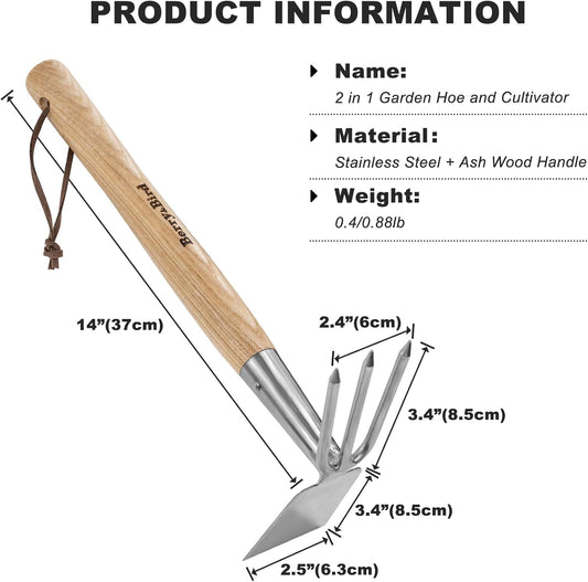 2-in-1 Hand Hoe & Cultivator,14" Garden Tool with Wood Handle