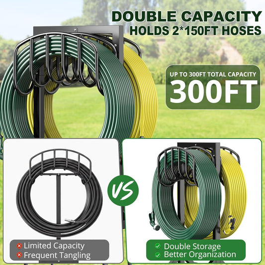 Garden Hose Holder Holds 2 x 151FT Hoses, Heavy-Duty Metal Freestanding Hose Stand Hanger with Stable Base, Rustproof Double Water Hose Holders for Outside Yard Lawn Farm, Black