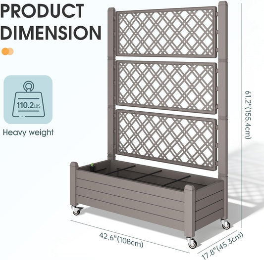 Resin Raised Garden Bed with Trellis and Wheels - Plasitc Planter Box with Trellis Outdoor with Drainage Holes & Water Monitor for Climbing Plants, Flower, Medium Gray(61.2" H)