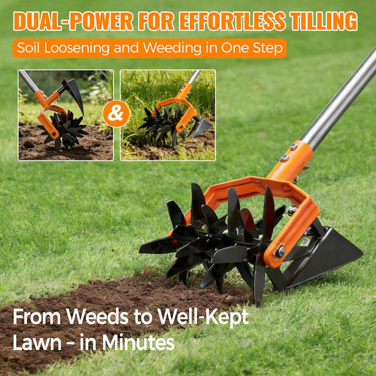 Manual Hand Tiller for Gardening, Rotary Cultivator with Tilling Blade