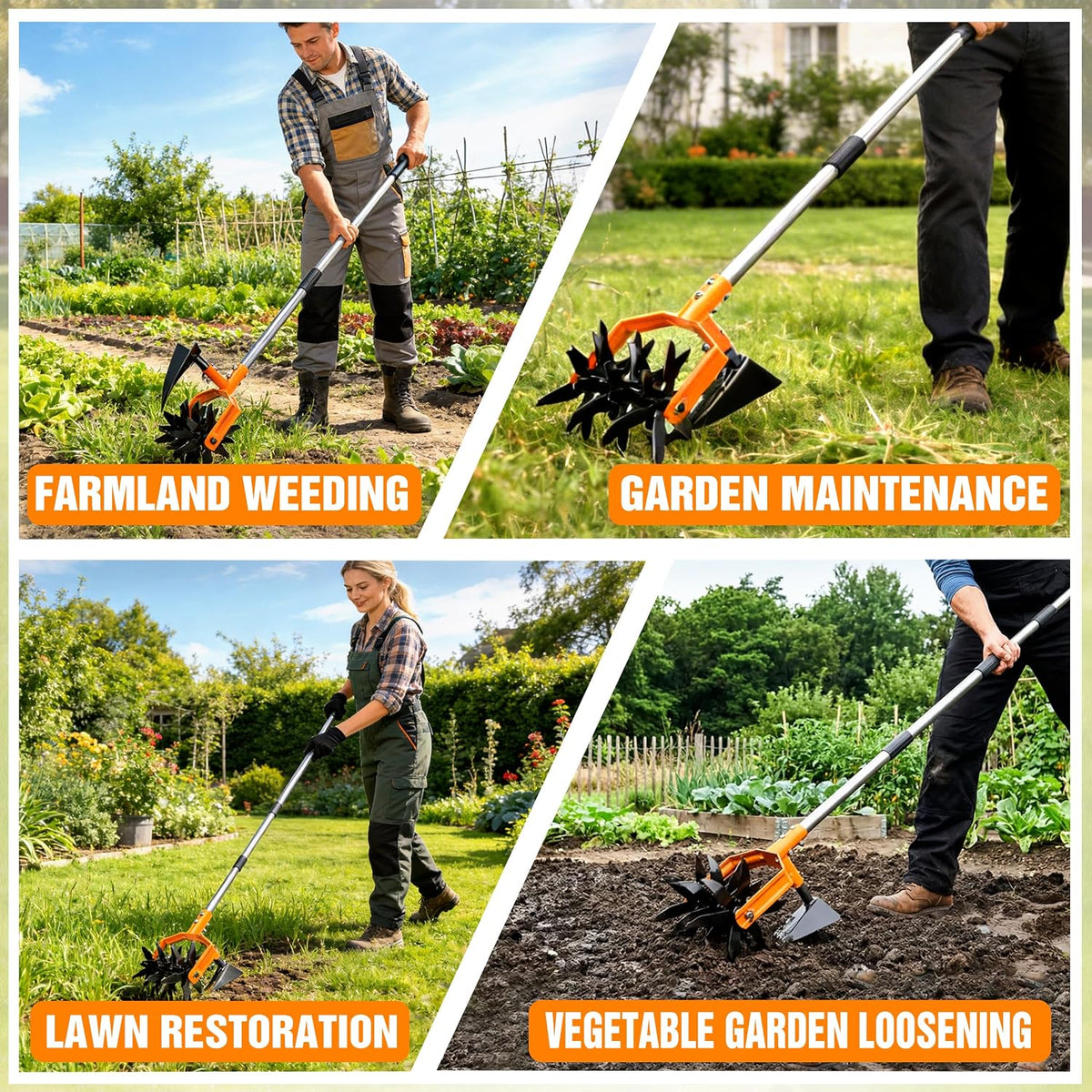 Manual Hand Tiller for Gardening, Rotary Cultivator with Tilling Blade