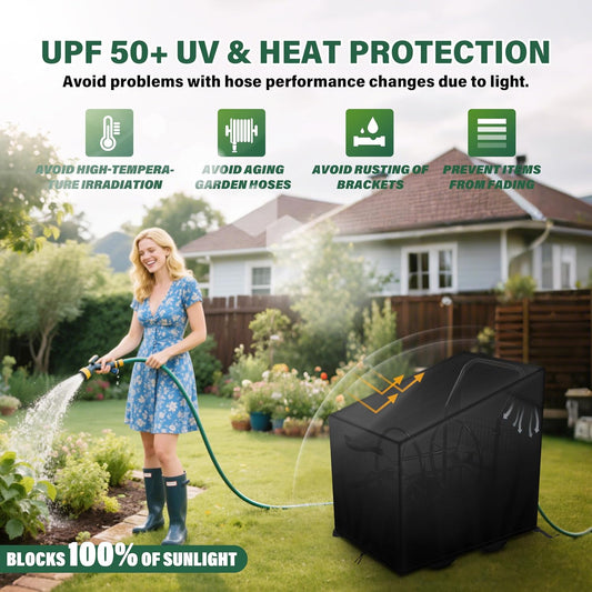 4-Wheel Garden Hose Reel Cart Cover – Weather-Resistant Protective Cover for Outdoor Hose Reels & Carts, Protects Against Sunlight, Rain, Snow, Sandstorms – Black