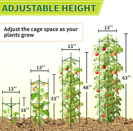 63-Inch Heavy Duty Tomato Cages, 6-Pack Extra Tall Metal Tomato Trellis, Steel Tube Plant Cage for Indeterminate Tomatoes, Cucumbers, Pole Beans – Rust-Proof Coated