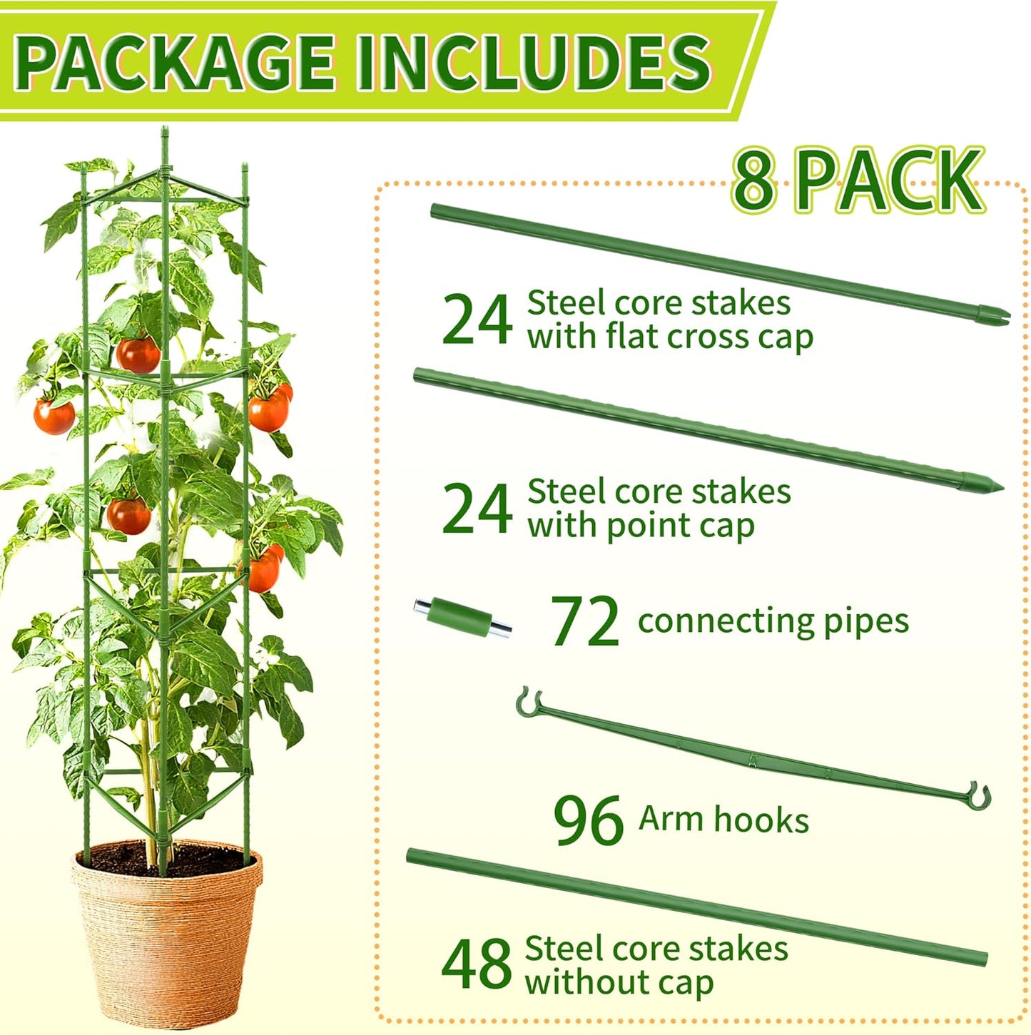 63-Inch Heavy Duty Tomato Cages, 6-Pack Extra Tall Metal Tomato Trellis, Steel Tube Plant Cage for Indeterminate Tomatoes, Cucumbers, Pole Beans – Rust-Proof Coated