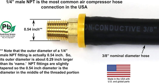 18-inch Short Air Compressor Hose: 1/4" Male NPT To 1/4" Male NPT Connections (Lead-Free Brass)