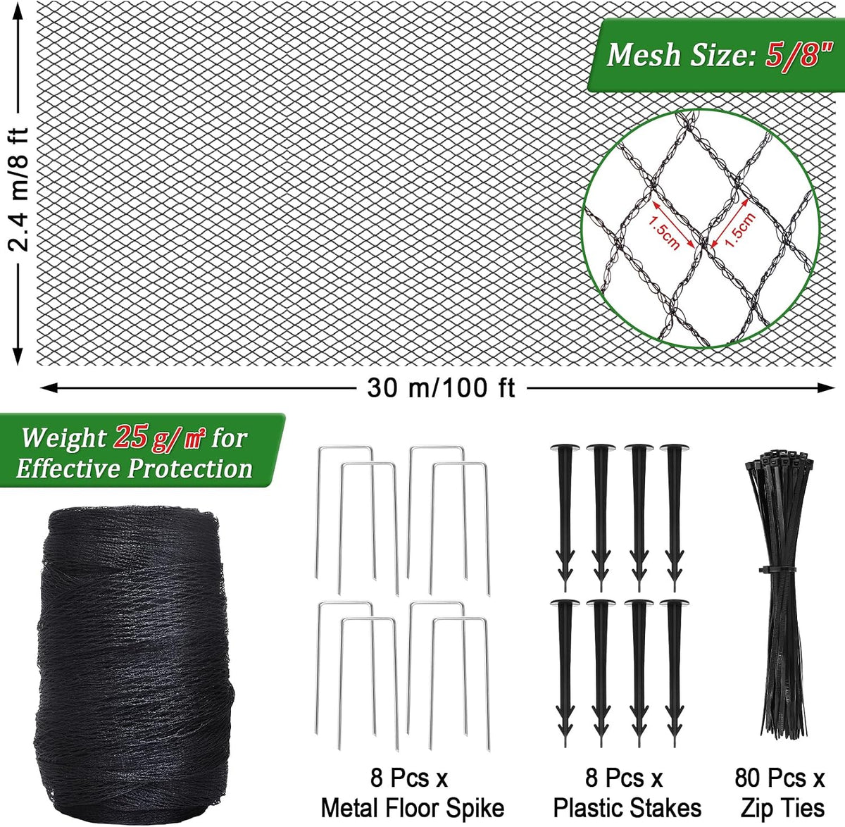 Bird Netting for Garden,8 X 65 Ft Reusable Protective Garden Netting Cover for Plants Fruit Trees Vegetables, 5/8in Mesh Heavy Duty Poultry Fence Animal Barrier with Ties and Staples