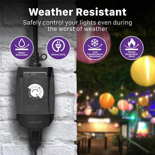 Outdoor Light Timer Outlet Waterproof, 24 Hour Plug in Mechanical Pool Pump Timer Weatherproof, 3-Prong, Grounded, Heavy Duty, 15A 1/2HP