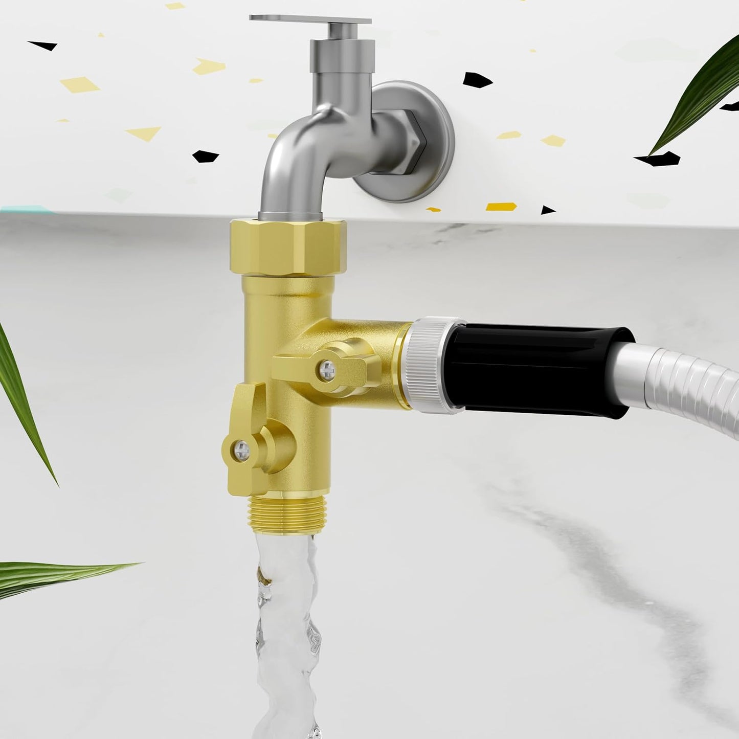 High Flow Solid Metal 2 Way ├ Type Garden Hose Splitter with Shut-Off Valves, 360 Degree Rotation 3/4" Spigot Faucet Connectors with 2 Extra Silicone Washers(Golden)