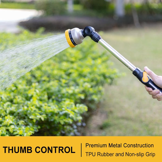 16-Inch Metal Watering Wand, Heavy Duty Garden Hose Wand with 9 Spray Patterns, 180° Rotating Long Hose Nozzle Sprayer Thumb Flow Control, Ideal to Water Hanging Baskets and Shrubs - Yellow