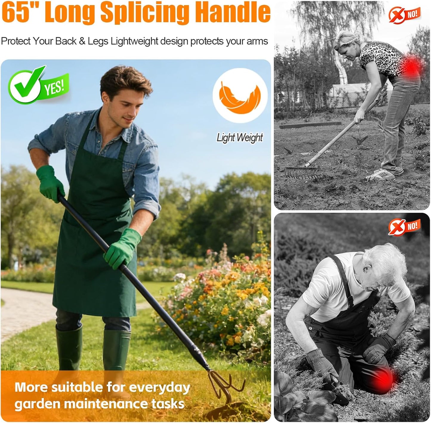 65 Inch 2-in-1 Hoe and Cultivator Garden Tool, Heavy Duty Garden Hoe with 3-Tine Tiller Rake for Weeding and Soil Loosening, Long Handle Stand Up Weed Removal Tool for Planting, Digging & Gardening