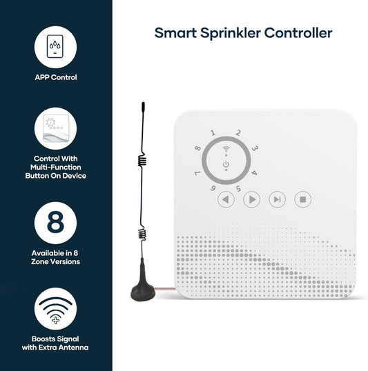 Smart Sprinkler Controller WiFi with External Antenna 8 Zone , Strong Signal Irrigation Timer, App & Panel Dual Control, Indoor Watering System with Weather Intelligence, 24VAC Compatible