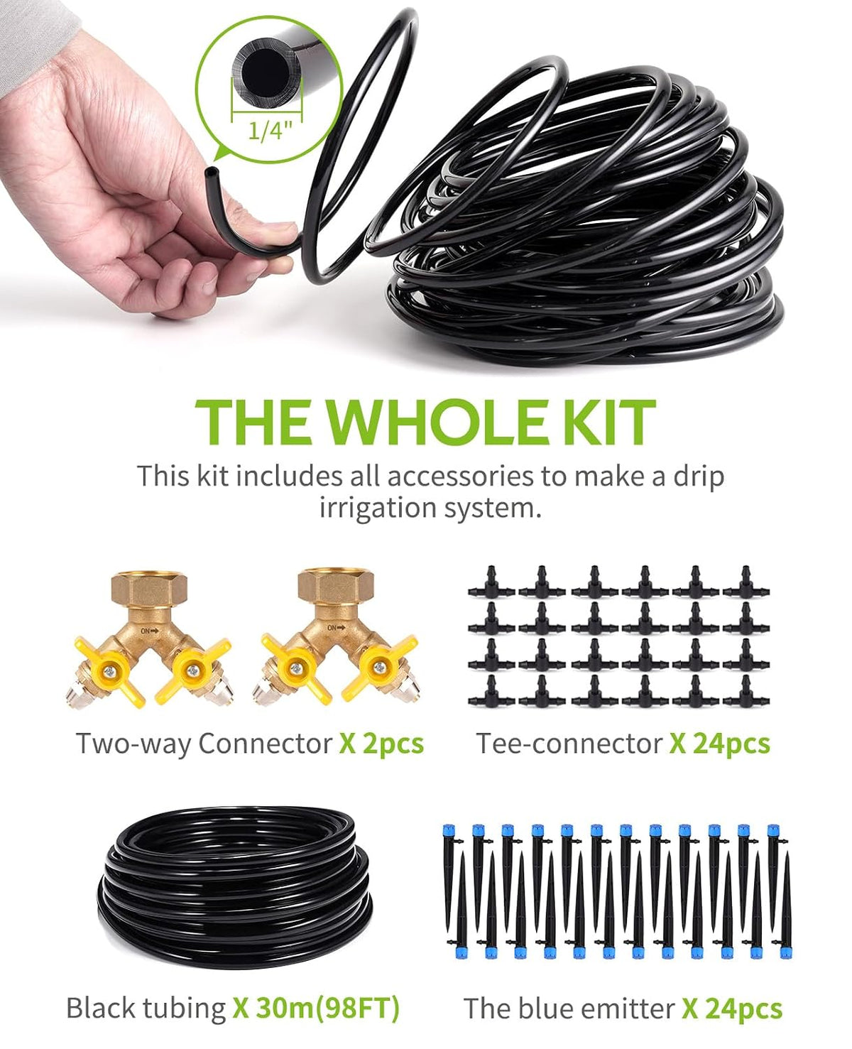 50ft Drip Irrigation Kit Plant Watering System 8x5mm Blank Distribution Tubing DIY Automatic Irrigation Equipment Set for Garden Greenhouse Flower Bed Patio Lawn
