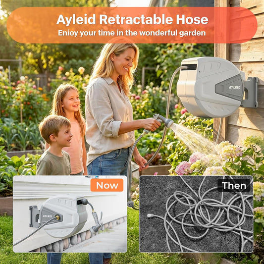 Retractable Rubber Hybrid Garden Hose Reel, 5/8"x100ft Wall Mount