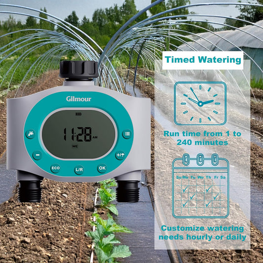 Dual Outlet Water Timer for Garden Hose, Programmable Automatic Watering System, LCD Screen, Rain Delay, Battery Operated