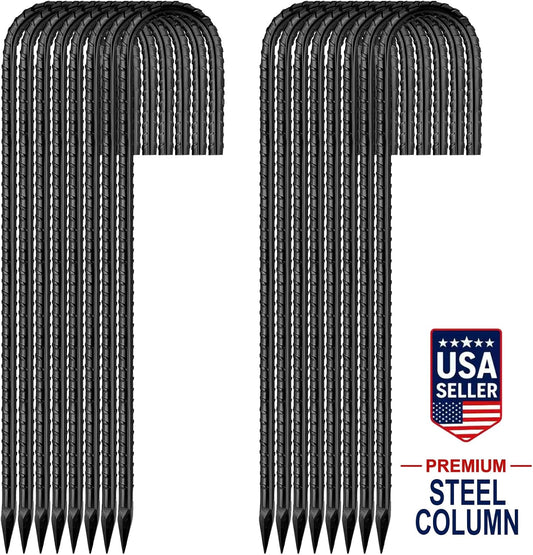 16 Pack 12 Inch Garden Ground Stakes, J Hook Rebar Stakes, Heavy Duty Steel Ground Anchors, for Tents, Fence, Trampoline and Outdoor Decoration