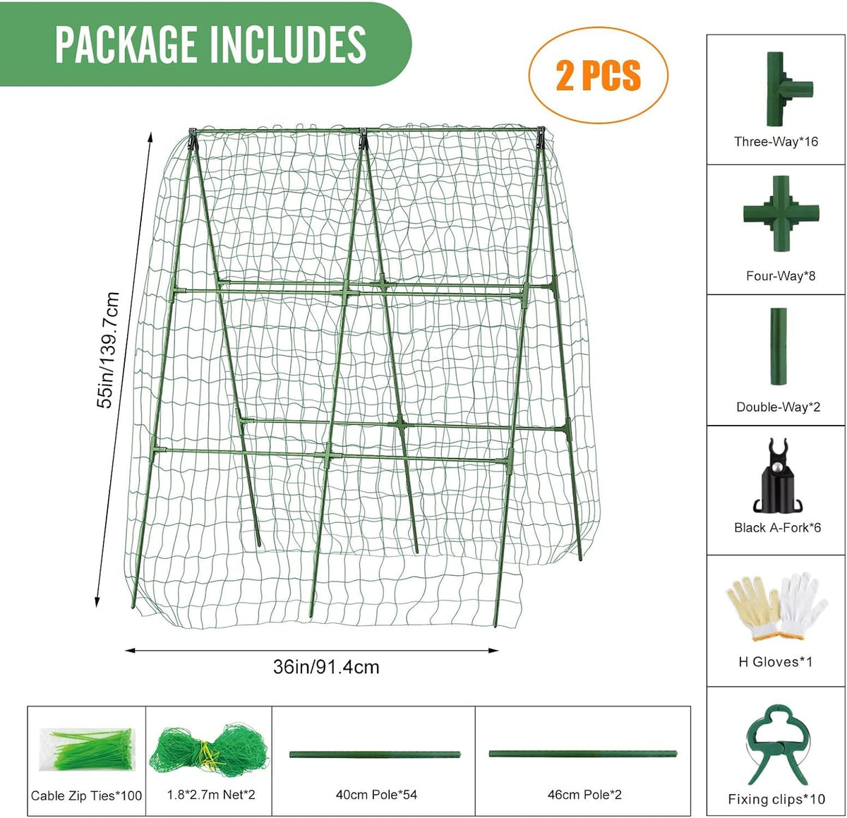 55" H x 36" W Cucumber Trellis for Raised Bed Garden, Cucumber Trelli for Climbing Plants Outdoor,A-Frame Vegetable Grow Supports, Tomato Plant Support for Tomato Squash Zucchini (1PC)