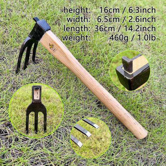14 inch Japanese Hand Tiller/Rake for Garden, 3-tines Cultivator, Without Welding, Oak Handle, for Digging, Soil Preparation, Chopping Through Roots and Hard Soil and Other Gardening tasks
