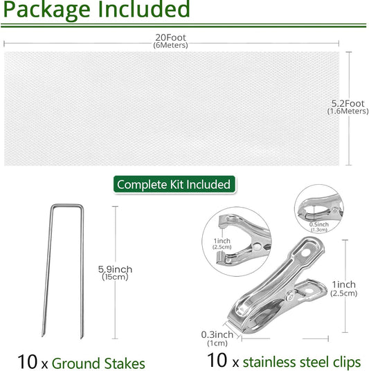 5.2Ft x 20ft Frost Protection Plant Cover – 1.2 oz/yd² Garden Freeze Blanket with Clips & Ground Stakes for Outdoor Winter Plant Protection, Reusable Floating Row Cover for Garden Vegetables