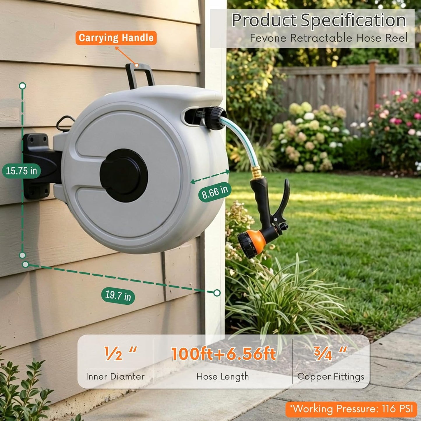 Retractable Garden Hose Reel 100 ft, Auto Rewind