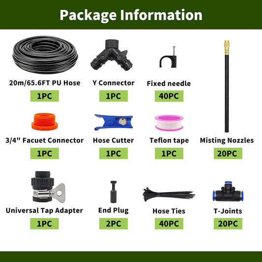 60FT Drip Irrigation System, Automatic Garden Watering Kit with 360° Bendable Hose & 20 Adjustable Nozzles, Water Pressure Powered Sprinkler System for Greenhouse, Lawn, Garden,Yard & Plants