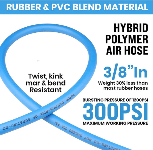 Hybrid Lead in Air Hose 3/8-Inch by 6-Feet 300 PSI Heavy Duty, Lightweight, Kink Resistant, All-Weather Flexibility with Bend Restrictors, 1/4-Inch Industrial Quick Coupler and Plug, Blue