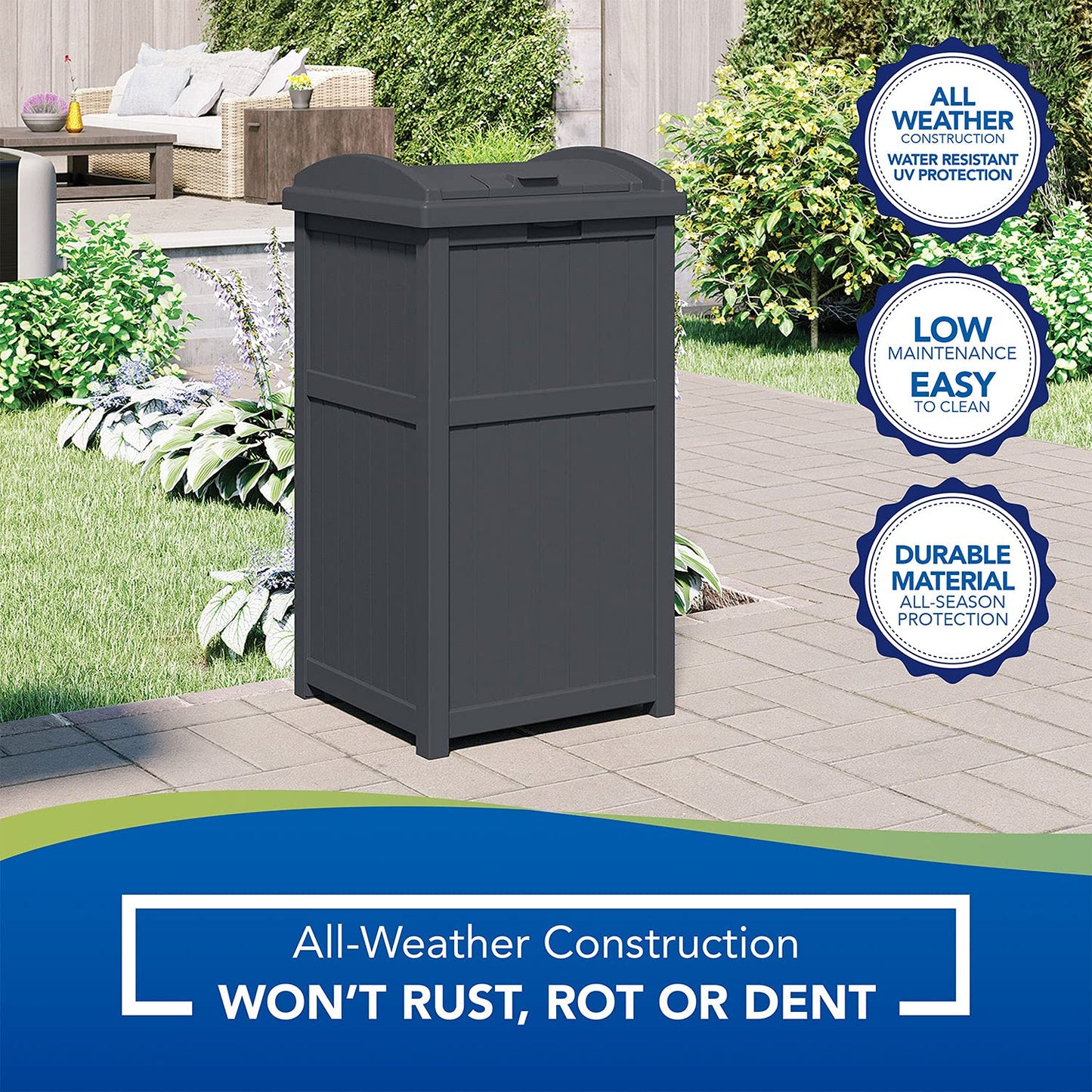 100' Resin Garden Hose Reel & Hideaway Outdoor 33 Gal Garbage Bin, Grey