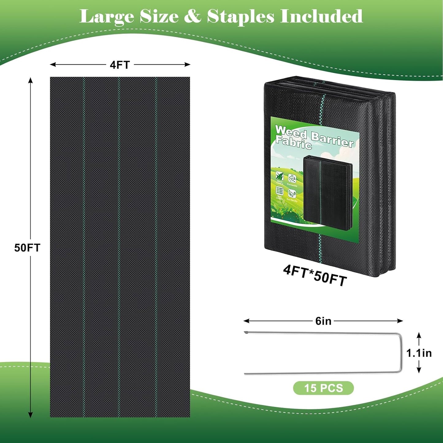 4FT x 100FT Landscape Fabric Weed Barrier Fabric, Heavy Duty 3.2oz Ground Cover Geotextile Fabric for Gardening, with 30 U-Shaped Stakes (2 Pack 4x50FT)