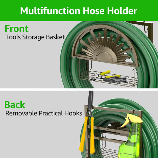 Garden Hose Reel Holder Stand Holds 150ft of 5/8 Hose with 2 Hooks