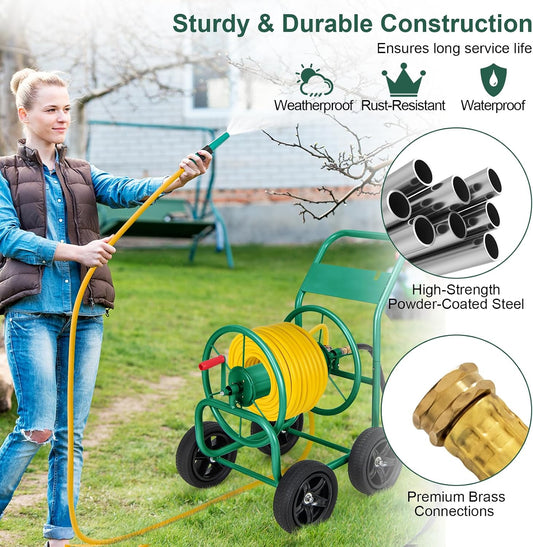 Garden Hose Reel Cart, Heavy Duty Water Planting Cart w/Non-slip Crank Handle, 4 Solid Wheels, Outdoor Hose Reel Holds 330FT of 3/4", 5/8” & 400FT of 1/2" Hose for Garden Yard Lawn Farm (Green)