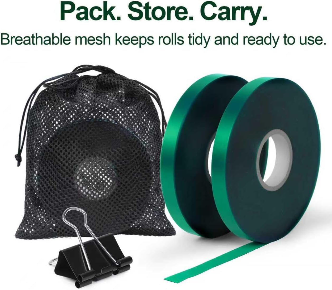 Plant Tie Tape – 2 Rolls (394 ft Total), 0.5" Wide, Non-Adhesive Stretch PVC Garden Ties for Tomato, Vine, Rose & Tree Support, Reusable & Weather-Resistant, Includes Mesh Bag & Binder Clip