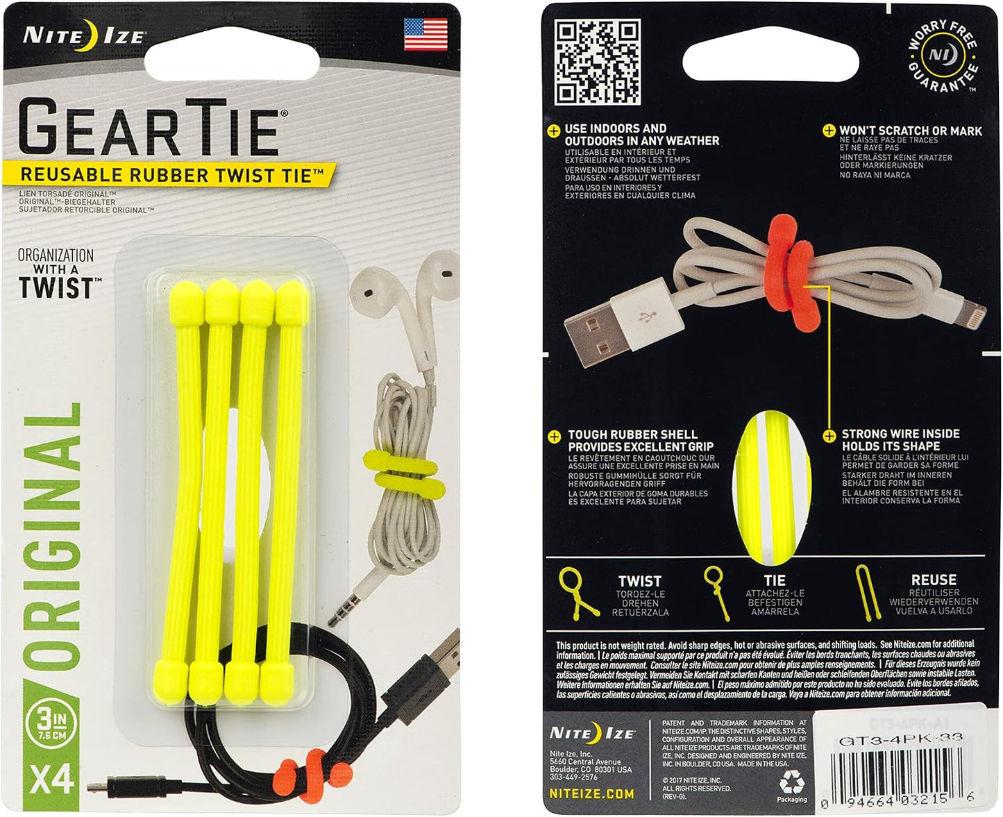 GT3-4PK-A1 Original Gear, Reusable Rubber Twist Tie, Made in The USA, 3-Inch, 3" - 4-Pack, Colors may vary, 4 Count
