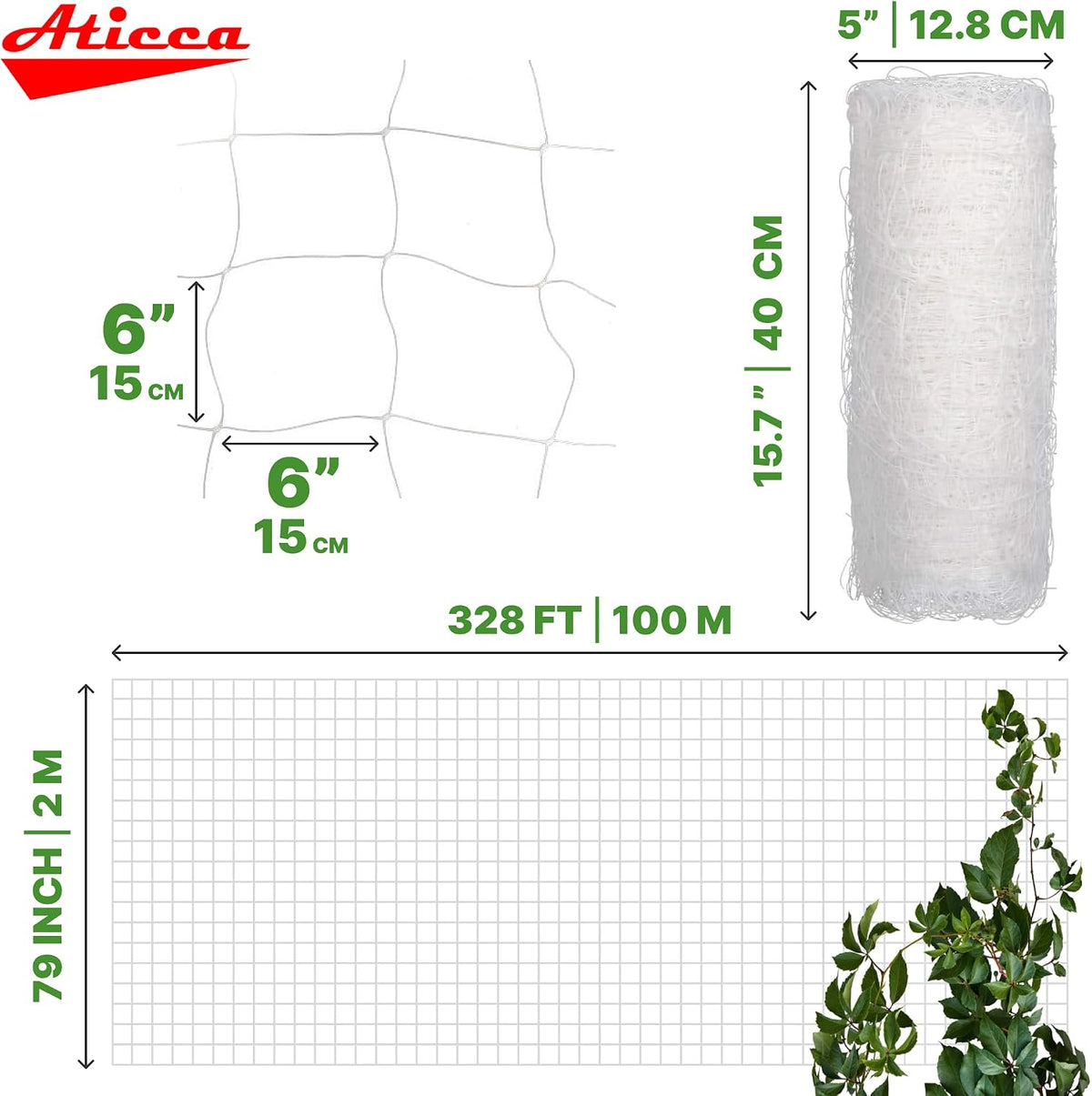 5x350 FT Heavy Duty Trellis Netting, 6-Inch Mesh, White Polyester