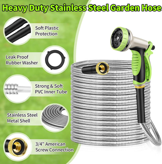 75FT Garden Hose, Stainless Steel Water Hose, 10 Function Nozzle