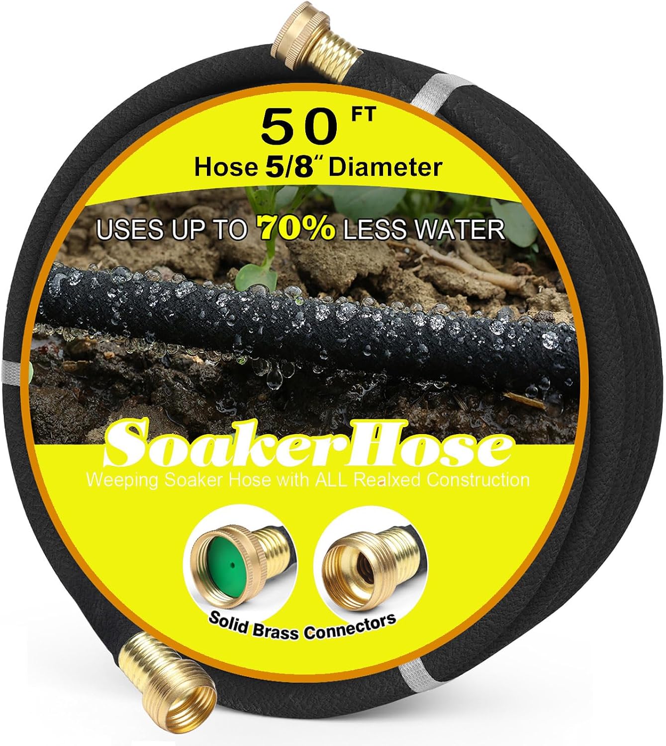 Soaker Hose 100FT 5/8" Diameter for Garden Beds Solid Brass Interface Irrigation Save 70% Water Heavy Duty Rubber Great for gardens/flower beds