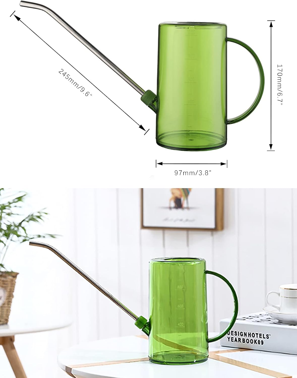 Plastic Watering Can, Plant Watering Can with Stainless Steel Long Spout, 1L/34oz Clear Measurement Markings, Long Spout Watering Can for Indoor Plants, House Plants and Flowers Easy Fill-Grey