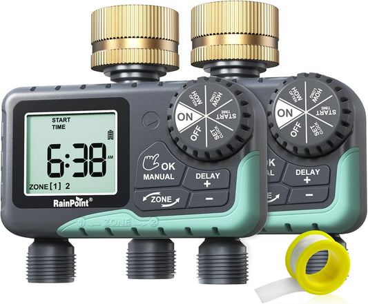 Water Timer for Garden Hose - 2 Zone Sprinkler Timer with Rain Delay/Manual Watering/Automatic Irrigation for Yard Lawn