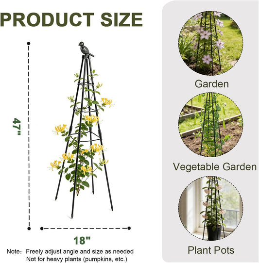 Garden Trellis, 47” Plant Trellis for Climbing Plant, Plant Support with Bird Decoration, Adjustable Rustproof Garden Obelisk for Roses, Clematis in Indoor or Outdoor1 Pack