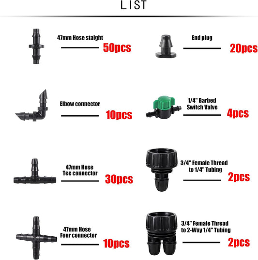 1/4 Barbed Connectors Irrigation Fittings Kits, 128 Pcs